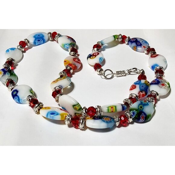 Handcrafted Millefiori Style Beaded Necklace With Vibrant Multicolor Glass Beads - Picture 1 of 4